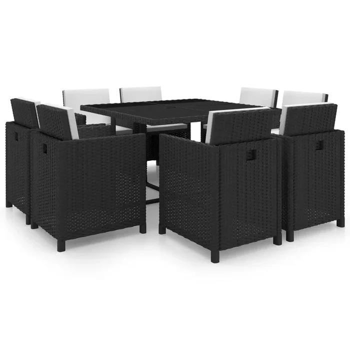 Set comedor de jardín 9 piezas y cojines ratán sintético negro VidaXL