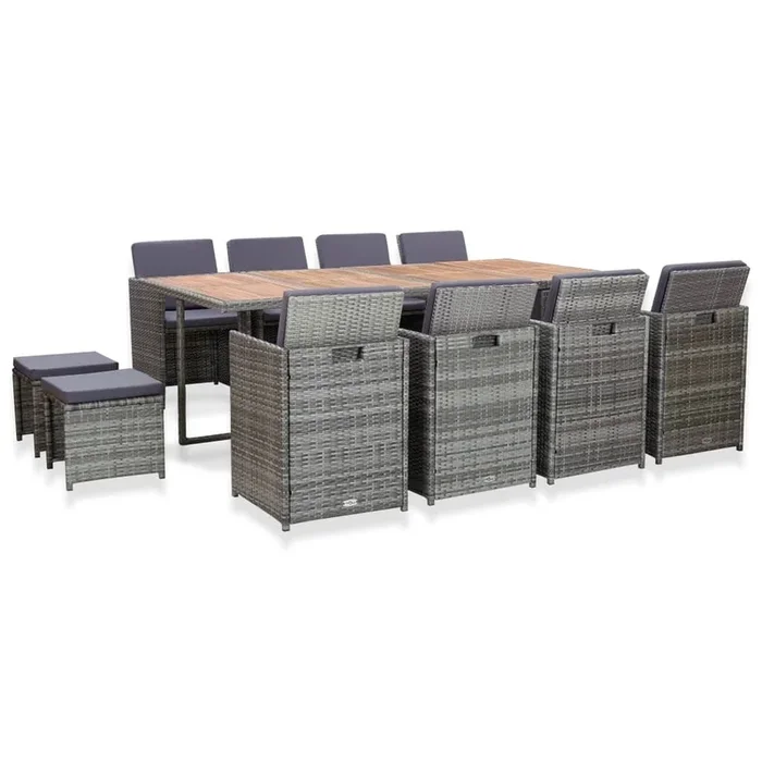 Set comedor jardín 13 pzas ratán sintético y madera acacia gris VidaXL