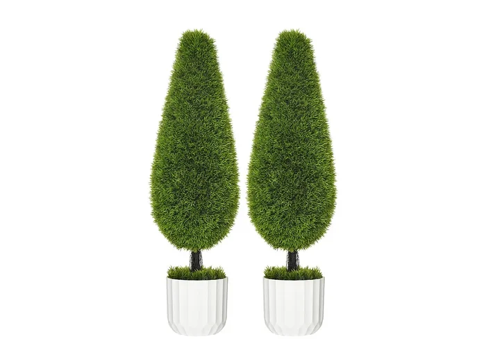 Set de 2 plantas de ciprés artificial, de plástico, color verde, en macetas con musgo decorativo (12x12x90 cm)