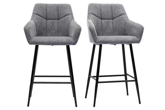 Set de 2 taburetes de cocina con asiento acolchado de tela efecto aterciopelado texturizado gris y metal negro 65 cm MONTERO