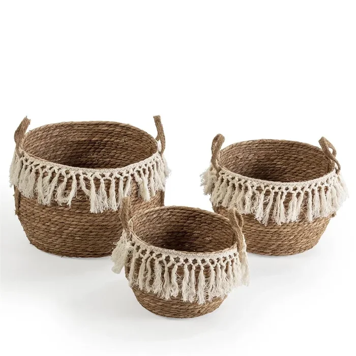 Set de 3 cestas Jula de fibra natural con asas, blanco/natural
