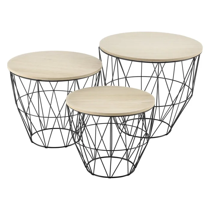 Set de 3x Cestas Padua con bandejas extraíbles Metal en 3 diferentes medidas – Negro y Roble claro [en.casa]