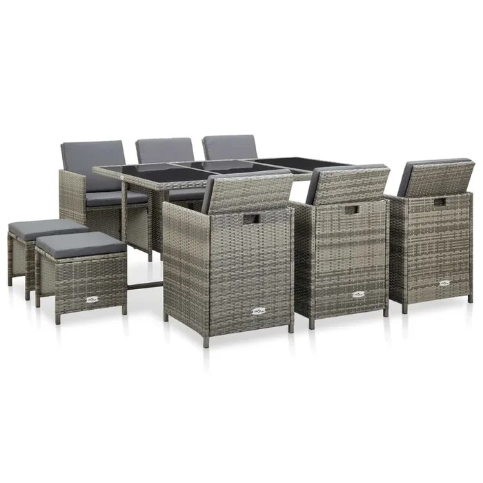 Set de comedor de jardín 11 pzas y cojines ratán sintético gris VidaXL