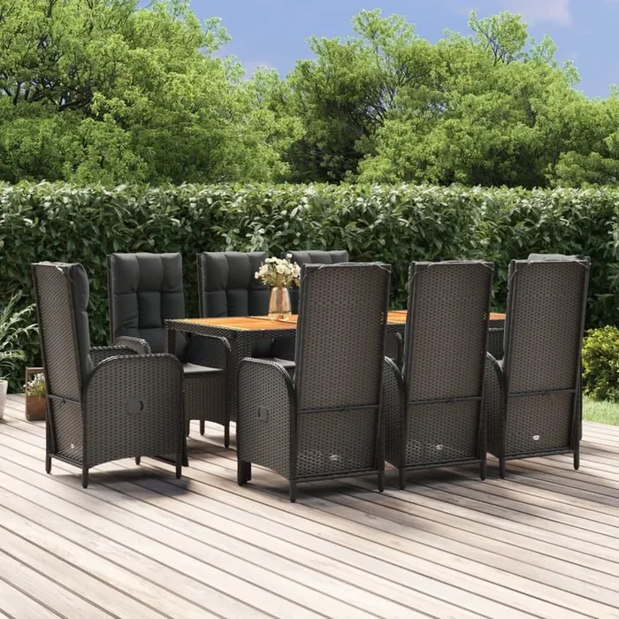 Set de comedor de jardín 9 pzas y cojines ratán sintético negro VidaXL