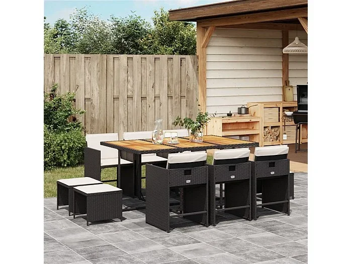 Set de comedor jardín 11 piezas con cojines ratán sintético negro