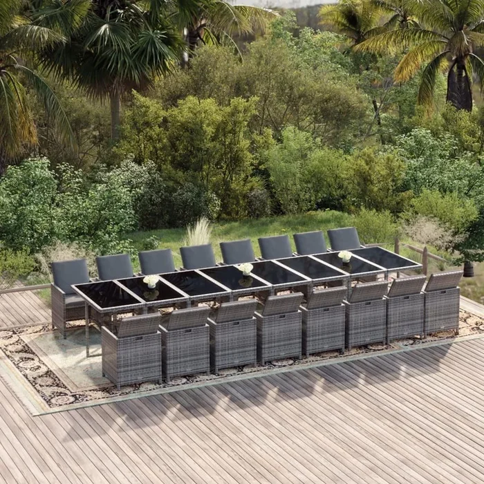 Set de comedor jardín 17 pzas con cojines ratán sintético gris VidaXL