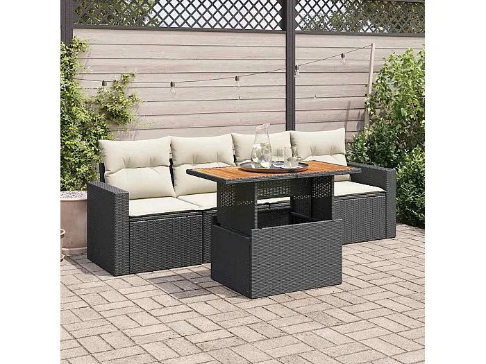 Set de muebles de jardín 5 piezas y cojines ratán sintético negro