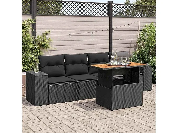 Set de muebles de jardín 5 piezas y cojines ratán sintético negro