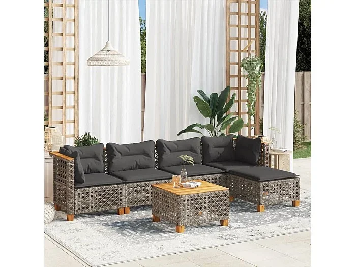 Set de muebles de jardín 6 piezas y cojines ratán sintético gris