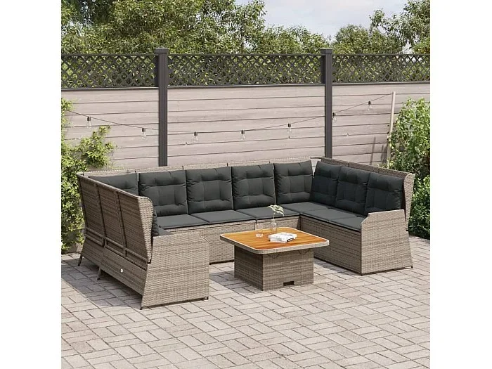 Set de muebles de jardín 7 piezas y cojines ratán sintético gris