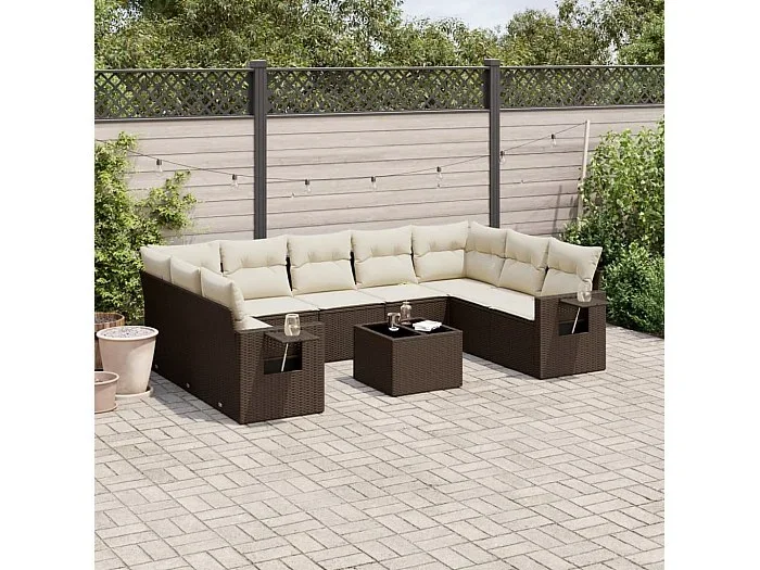Set de sofás de jardín 10 piezas y cojines ratán sintético marrón