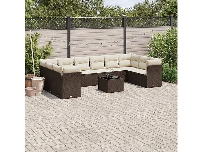 Set de sofás de jardín 11 piezas cojines ratán sintético marrón