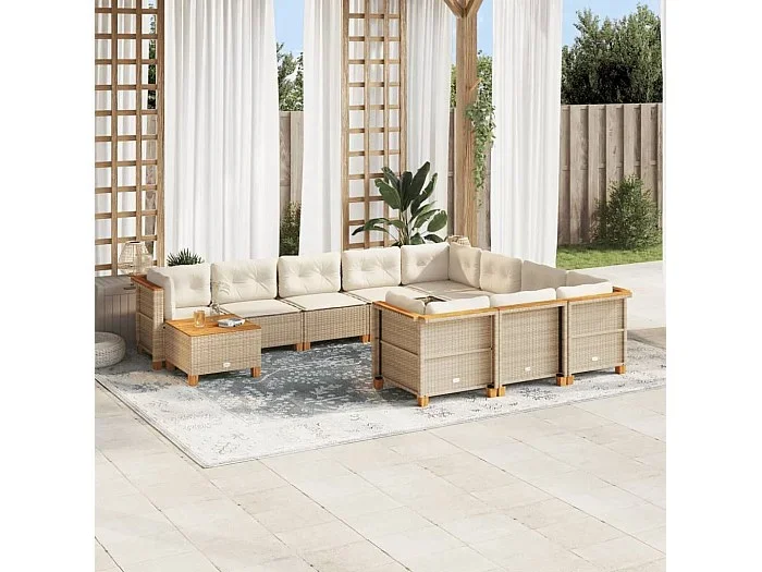 Set de sofás de jardín 11 piezas con cojines ratán sintético beige
