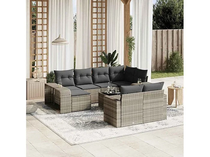 Set de sofás de jardín 11 piezas y cojines ratán sintético gris