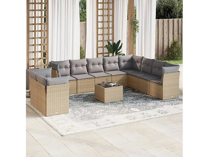 Set de sofás de jardín 11piezas con cojines ratán sintético beige