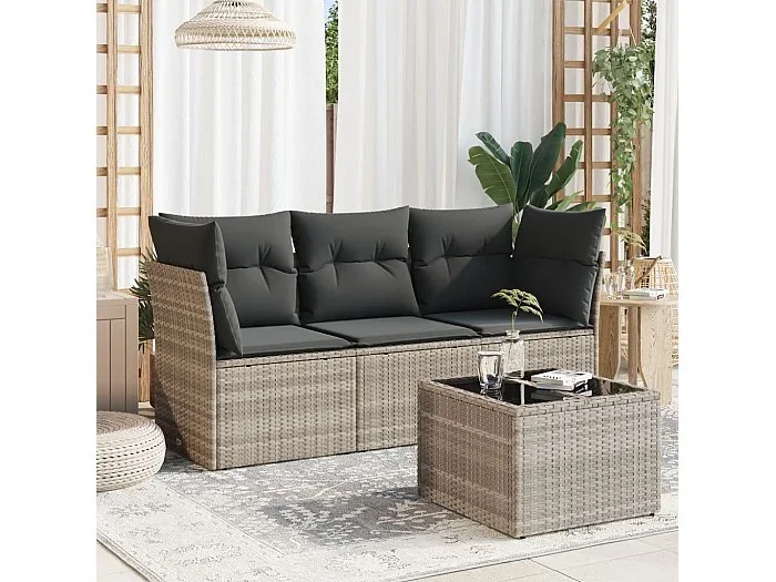 Set de sofás de jardín 4 piezas y cojines ratán sintético gris