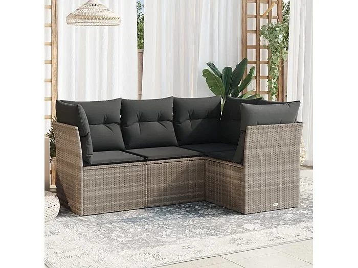 Set de sofás de jardín 4 piezas y cojines ratán sintético gris