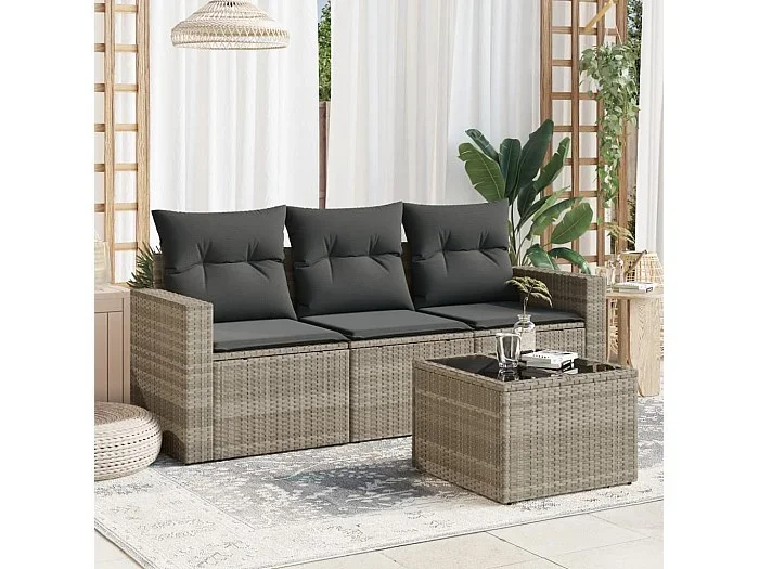 Set de sofás de jardín 4 piezas y cojines ratán sintético gris