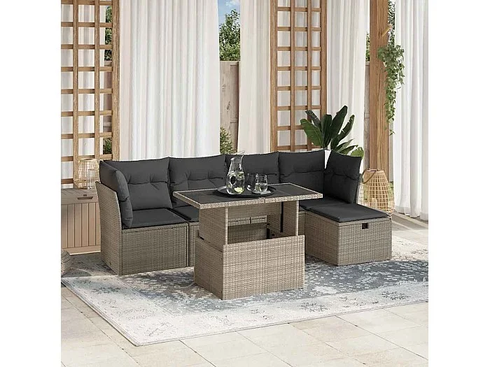 Set de sofás de jardín 6 piezas y cojines ratán sintético gris