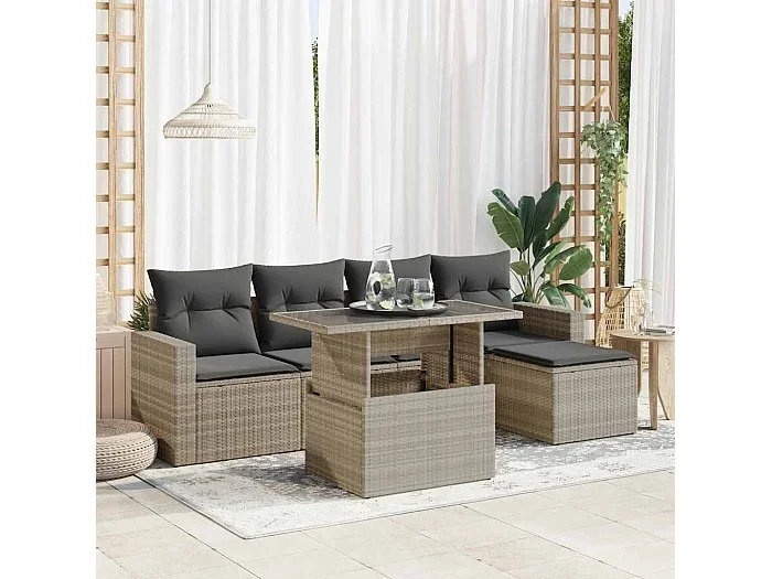 Set de sofás de jardín 6 piezas y cojines ratán sintético gris
