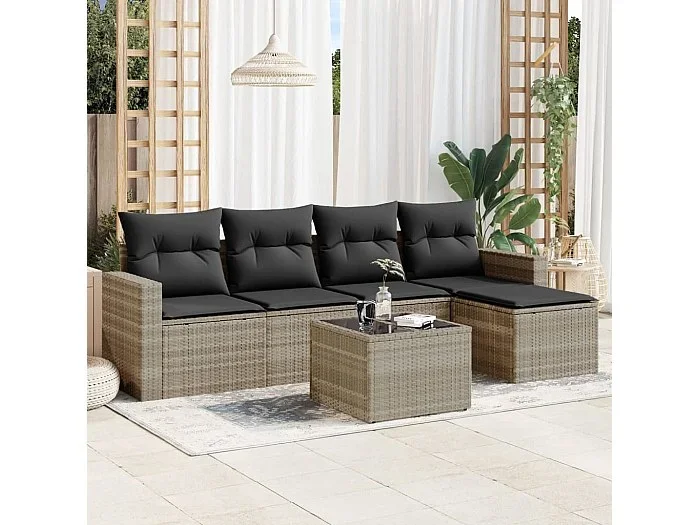 Set de sofás de jardín 6 piezas y cojines ratán sintético gris