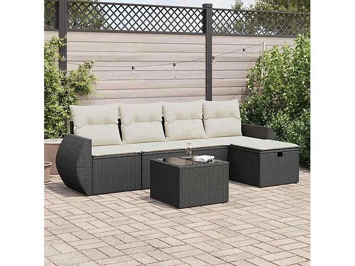 Set de sofás de jardín 6 piezas y cojines ratán sintético negro