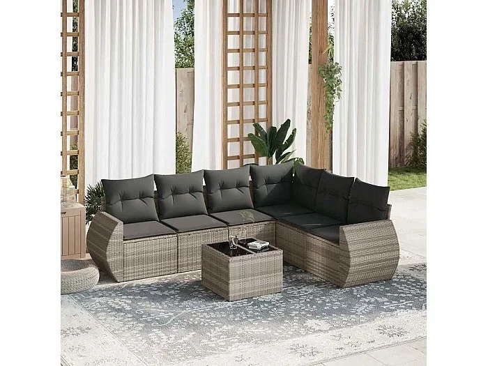 Set de sofás de jardín 7 piezas con cojines ratán PE gris claro