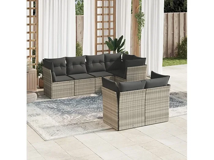 Set de sofás de jardín 7 piezas con cojines ratán PE gris claro