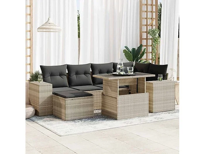 Set de sofás de jardín 7 piezas con cojines ratán PE gris claro