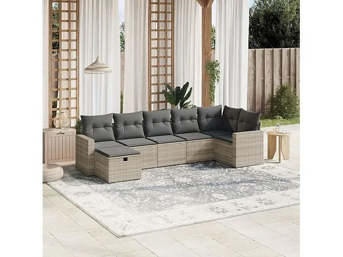 Set de sofás de jardín 7 piezas con cojines ratán PE gris claro