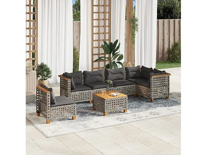 Set de sofás de jardín 7 piezas con cojines ratán sintético gris