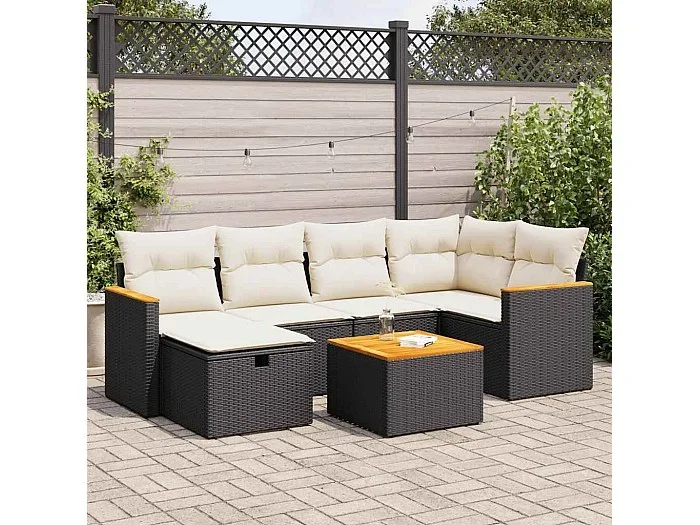 Set de sofás de jardín 7 piezas con cojines ratán sintético negro