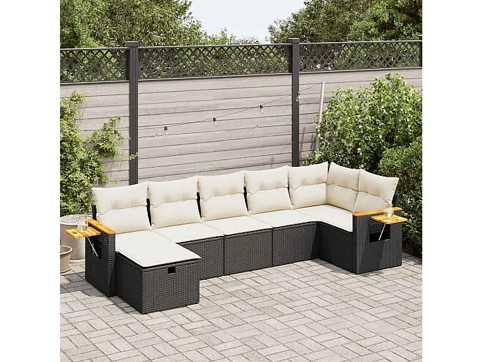 Set de sofás de jardín 7 piezas con cojines ratán sintético negro