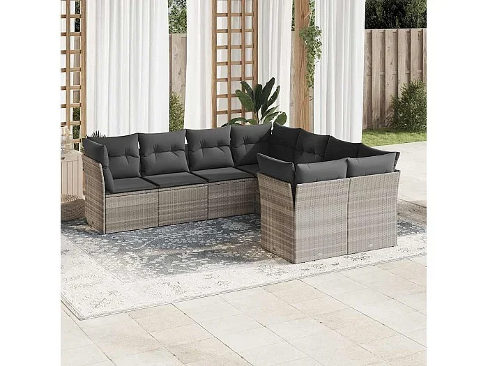 Set de sofás de jardín 8 piezas y cojines ratán sintético gris
