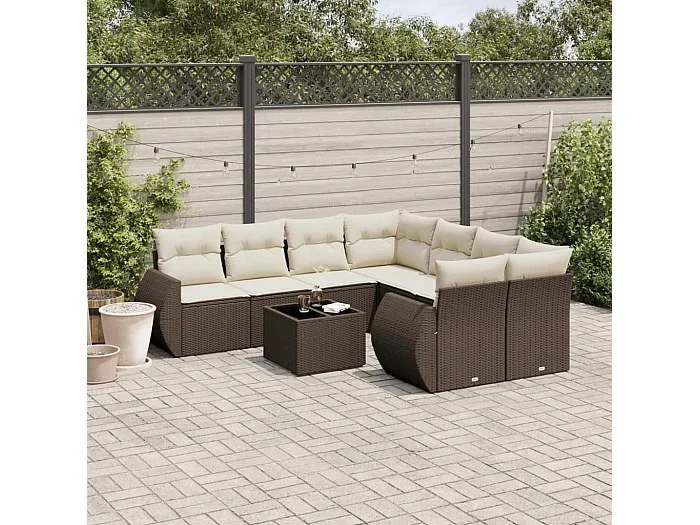 Set de sofás de jardín 9 piezas y cojines ratán sintético marrón