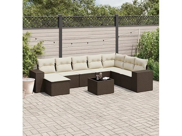 Set de sofás de jardín 9 piezas y cojines ratán sintético marrón