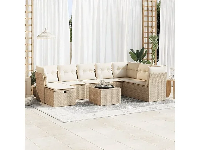 Set de sofás de jardín con cojines 9 piezas ratán sintético beige