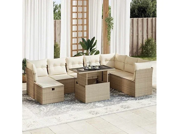 Set de sofás de jardín con cojines 9 piezas ratán sintético beige