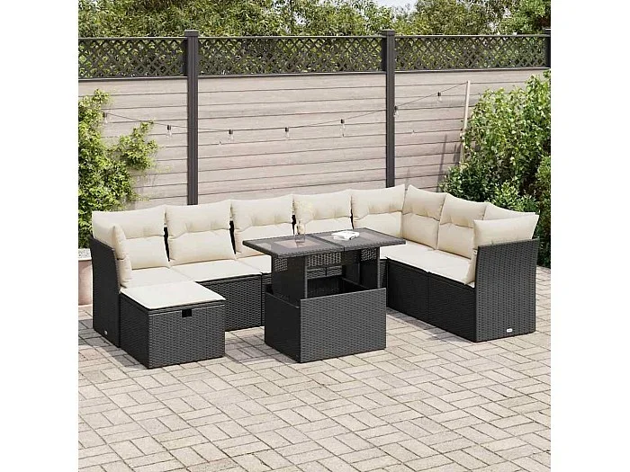 Set de sofás de jardín con cojines 9 piezas ratán sintético negro