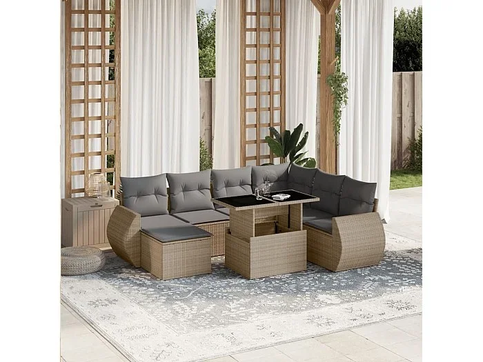 Set de sofás de jardín y cojines 8 piezas ratán sintético beige