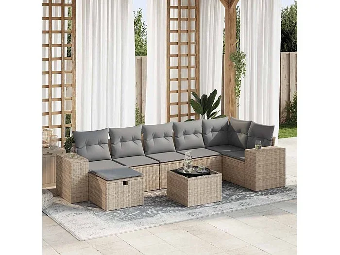 Set de sofás de jardín y cojines 8 piezas ratán sintético beige