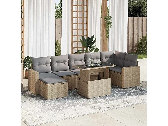 Set de sofás de jardín y cojines 8 piezas ratán sintético beige