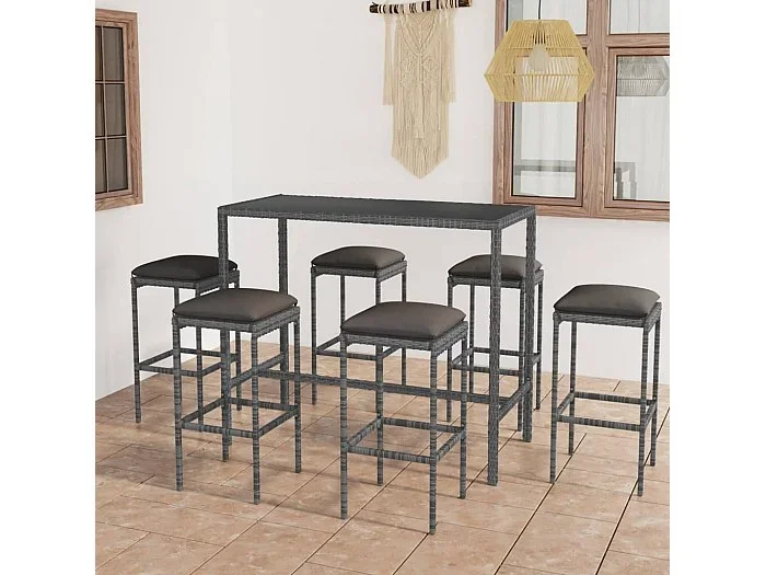 Set muebles bar jardín 7 piezas y cojines ratán sintético gris ES479941