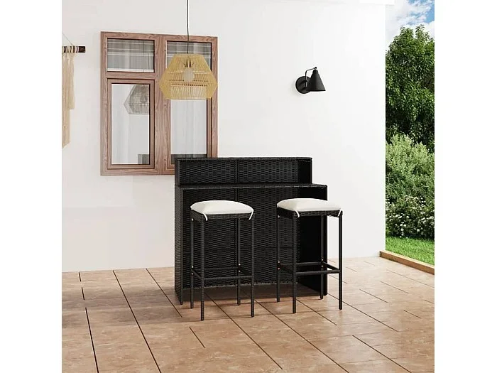 Set muebles de bar para jardín 3 piezas y cojines negro ES157866