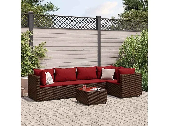 Set muebles de jardín 6 piezas y cojines ratán sintético marrón