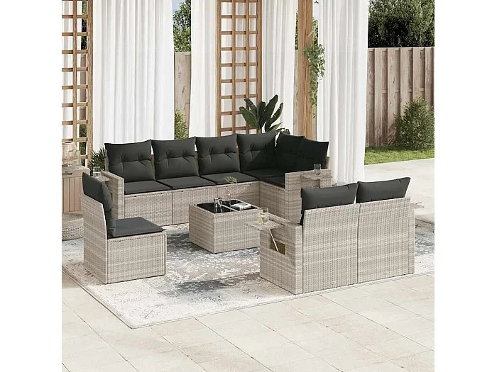 Set muebles jardín 9 piezas y cojines ratán sintético gris claro
