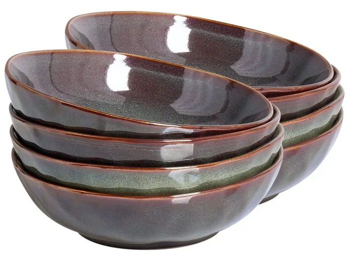 Set of 8 Deep Plates THYME Stoneware Dark Green