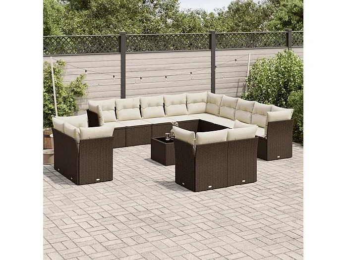 Set sofás de jardín 14 piezas con cojines ratán sintético marrón