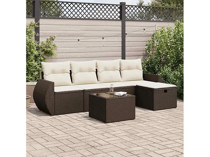 Set sofás de jardín 6 piezas y cojines ratán sintético marrón