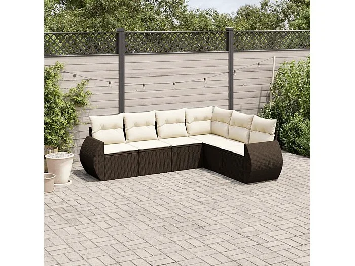 Set sofás de jardín 6 piezas y cojines ratán sintético marrón